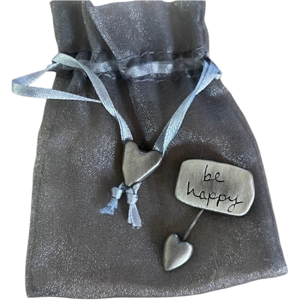 Be Happy Silver Tone Pin With Heart Dangle and Silver Bag with Silver Heart
